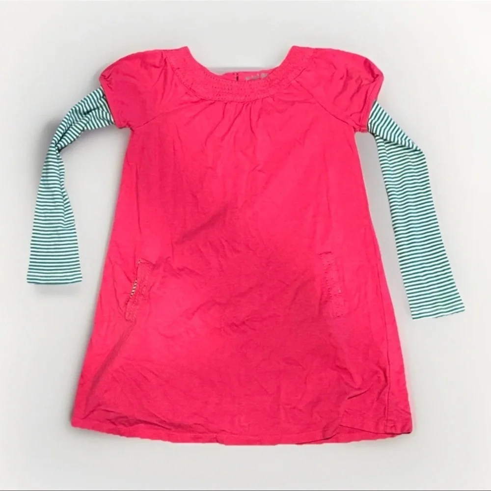 Mini Boden Girls Dress 6-7 Years Pink Green Stripe Long Sleeve Pockets Cotton